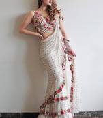White faux georgette with embroidered sequence work ruffle saree with unstitched blouse