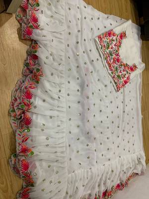White faux georgette with embroidered sequin work ruffle saree with unstitched blouse 2