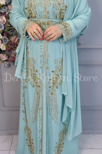 Sea Green Embroidered Stitched Kaftan with Golden Work Hand Embroiderred