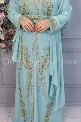 Sea Green Embroidered Stitched Kaftan with Golden Work Hand Embroiderred