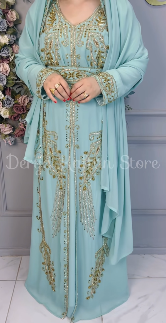 Sea Green Embroidered Stitched Kaftan with Golden Work Hand Embroiderred