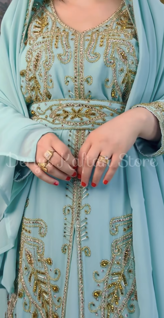 Sea Green Embroidered Stitched Kaftan with Golden Work Hand Embroiderred