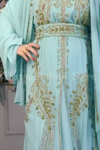 Sea Green Embroidered Stitched Kaftan with Golden Work Hand Embroiderred