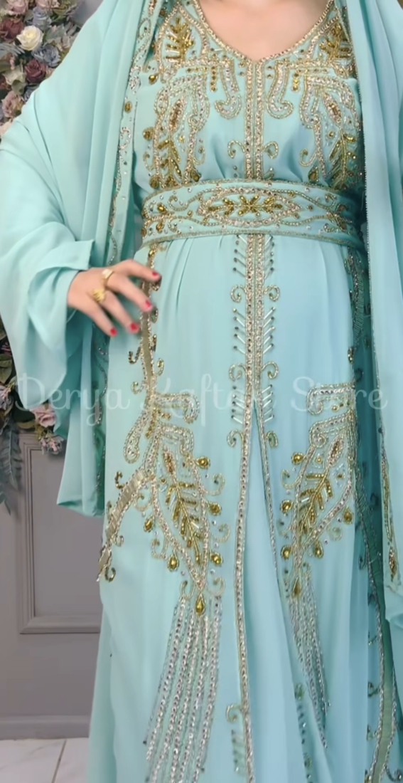 Sea Green Embroidered Stitched Kaftan with Golden Work Hand Embroiderred