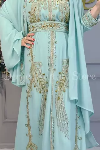 Sea Green Embroidered Stitched Kaftan with Golden Work Hand Embroiderred