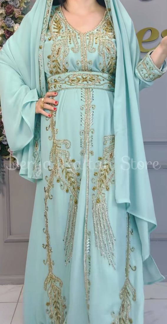 Sea Green Embroidered Stitched Kaftan with Golden Work Hand Embroiderred
