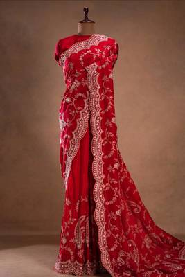 Red Color Embroidered Satin Silk Saree 2