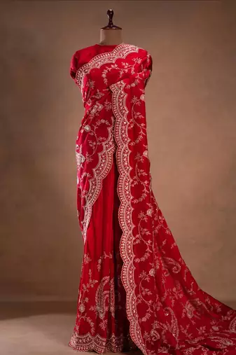 Red Color Embroidered Satin Silk Saree