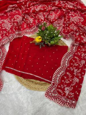 Red Color Embroidered Satin Silk Saree 3