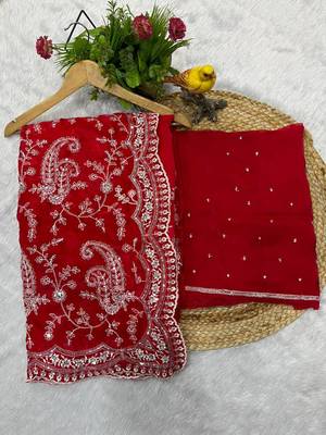 Red Color Embroidered Satin Silk Saree 4