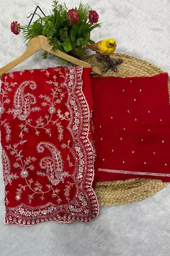 Red Color Embroidered Satin Silk Saree