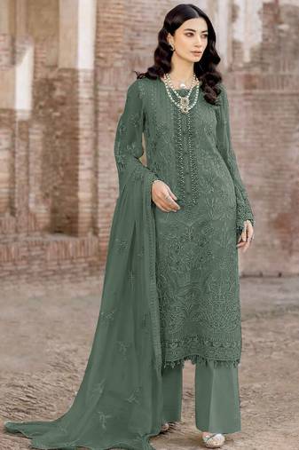 Dark green color embroideried faux georgette semi stitched salwar suit