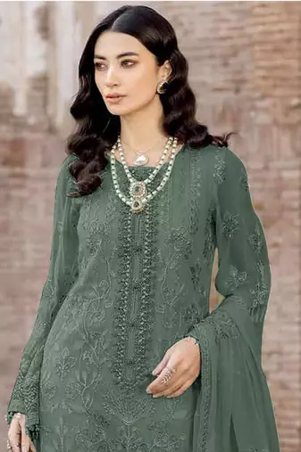 Dark green embroidered faux georgette salwar suit