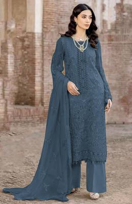 Dark cobalt blue embroidered faux georgette salwar suit 1