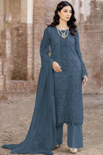 Dark cobalt blue color embroideried faux georgette semi stitched salwar suit