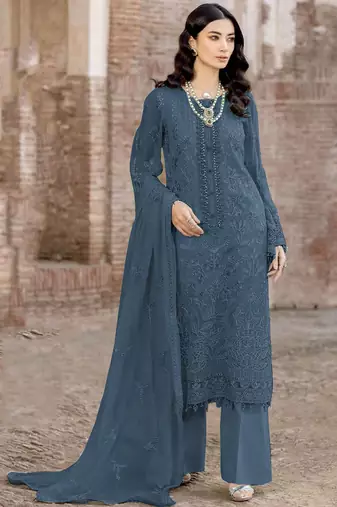 Dark cobalt blue color embroideried faux georgette semi stitched salwar suit