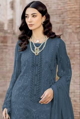 Dark cobalt blue embroidered faux georgette salwar suit 2