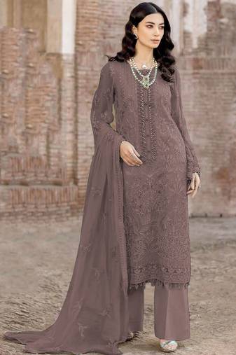 Dark brown color embroideried faux georgette semi stitched salwar suit