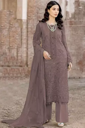 Dark brown color embroideried faux georgette semi stitched salwar suit