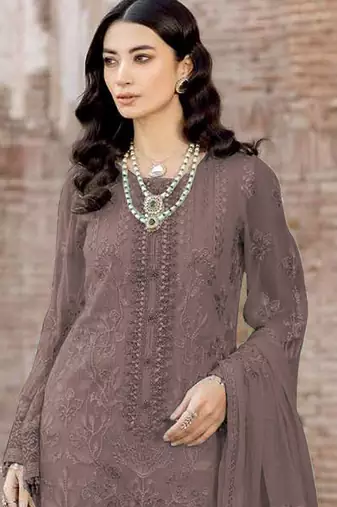 Dark brown embroidered faux georgette salwar suit