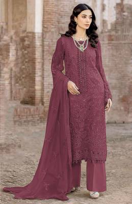 Dark ruby embroidered faux georgette salwar suit 1