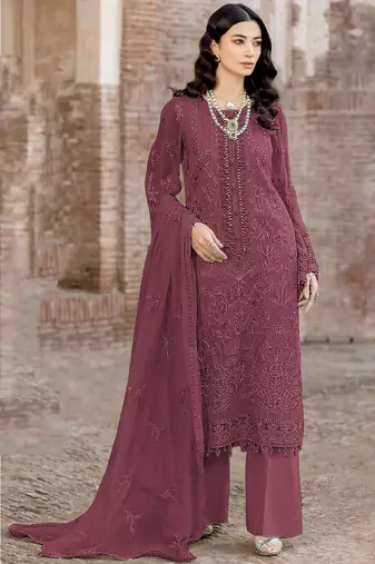 Dark ruby color embroideried faux georgette semi stitched salwar suit