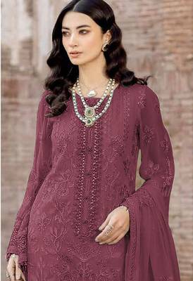 Dark ruby embroidered faux georgette salwar suit 2
