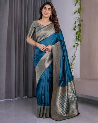Teal Color Zari Woven Banarasi Art Silk Saree 3