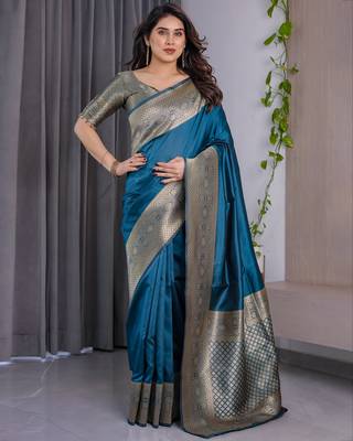 Teal Color Zari Woven Banarasi Art Silk Saree 4