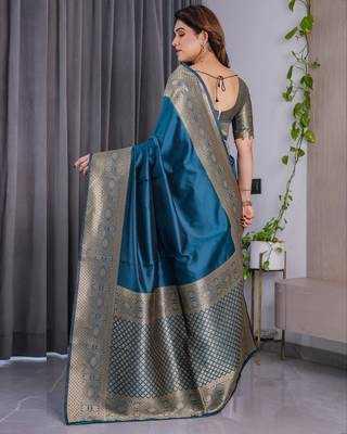 Teal Color Zari Woven Banarasi Art Silk Saree 5