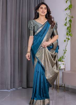 Teal Color Zari Woven Banarasi Art Silk Saree 4