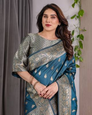 Teal Color Zari Woven Banarasi Art Silk Saree 1
