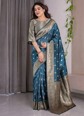 Teal Color Zari Woven Banarasi Art Silk Saree 4