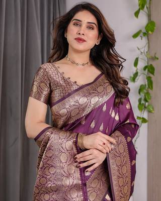 Wine Color Zari Woven Banarasi Art Silk Saree 1