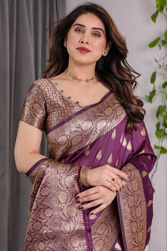 Wine Color Zari Woven Banarasi Art Silk Saree