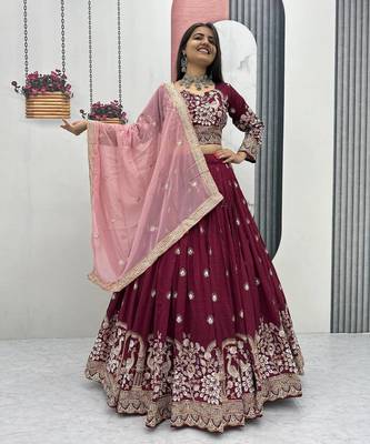 Maroon Vichitra Silk Embroidered Thread & Sequin Work Lehenga Choli with Dupatta 1