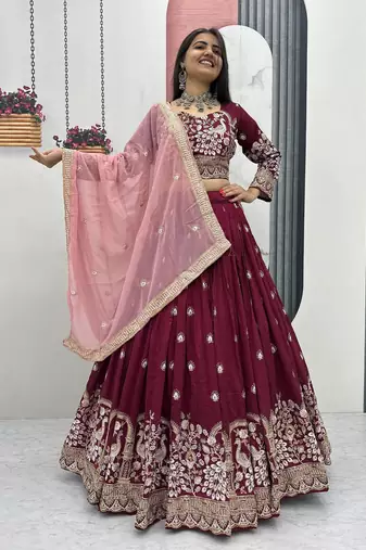 Maroon Vichitra Silk Embroidered Thread & Sequin Work Lehenga Choli with Dupatta