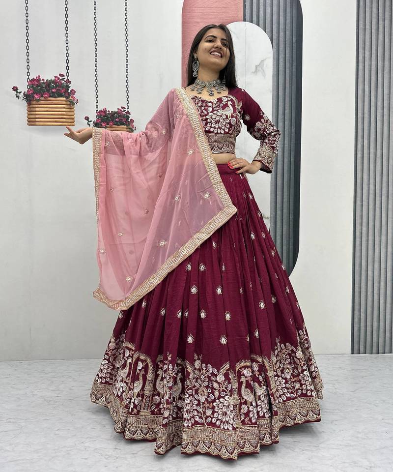 Maroon Vichitra Silk Embroidered Thread & Sequin Work Lehenga Choli with Dupatta