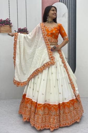 Orange Chinon Heavy Embroidered Coding Sequin Work Lehenga Choli with Dupatta