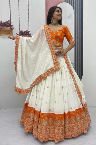 Orange Chinon Heavy Embroidered Coding Sequin Work Lehenga Choli with Dupatta