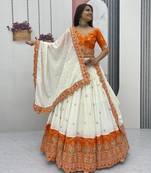 Orange Chinon Heavy Embroidered Coding Sequin Work Lehenga Choli with Dupatta