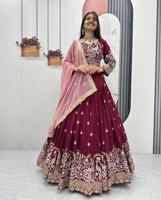Maroon Vichitra Silk Embroidered Thread & Sequin Work Lehenga Choli with Dupatta 2