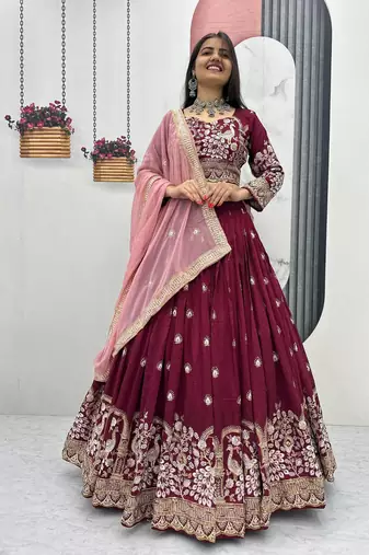 Maroon Vichitra Silk Embroidered Thread & Sequin Work Lehenga Choli with Dupatta
