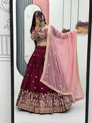 Maroon Vichitra Silk Embroidered Thread & Sequin Work Lehenga Choli with Dupatta 3