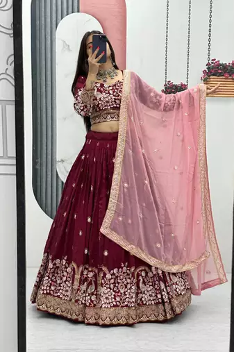 Maroon Vichitra Silk Embroidered Thread & Sequin Work Lehenga Choli with Dupatta