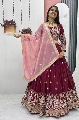 Maroon Vichitra Silk Embroidered Thread & Sequin Work Lehenga Choli with Dupatta
