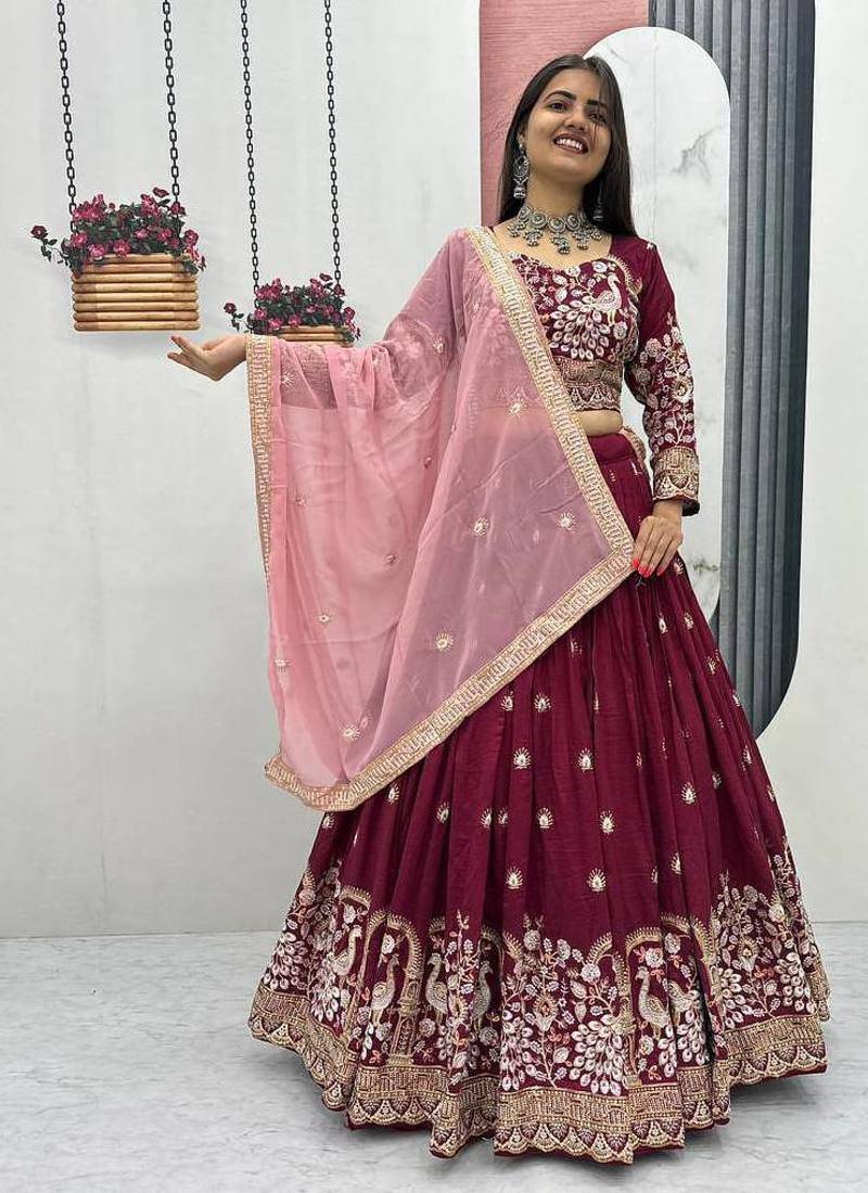 Maroon Vichitra Silk Embroidered Thread & Sequin Work Lehenga Choli with Dupatta