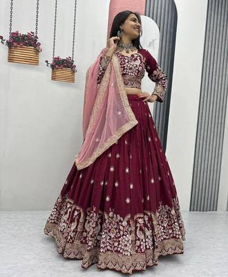 Maroon Vichitra Silk Embroidered Thread & Sequin Work Lehenga Choli with Dupatta 5