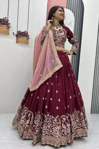 Maroon Vichitra Silk Embroidered Thread & Sequin Work Lehenga Choli with Dupatta
