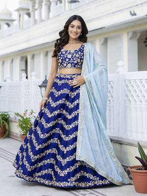 Blue Satin Sequin Embroidery Work Lehenga Choli with Dupatta For Women  1